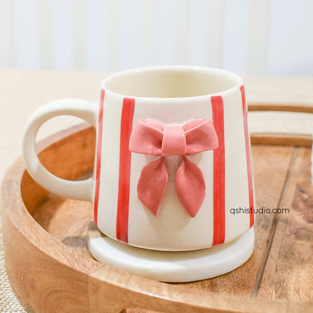 Ceramic Coffee Mug - Red Striped Bow