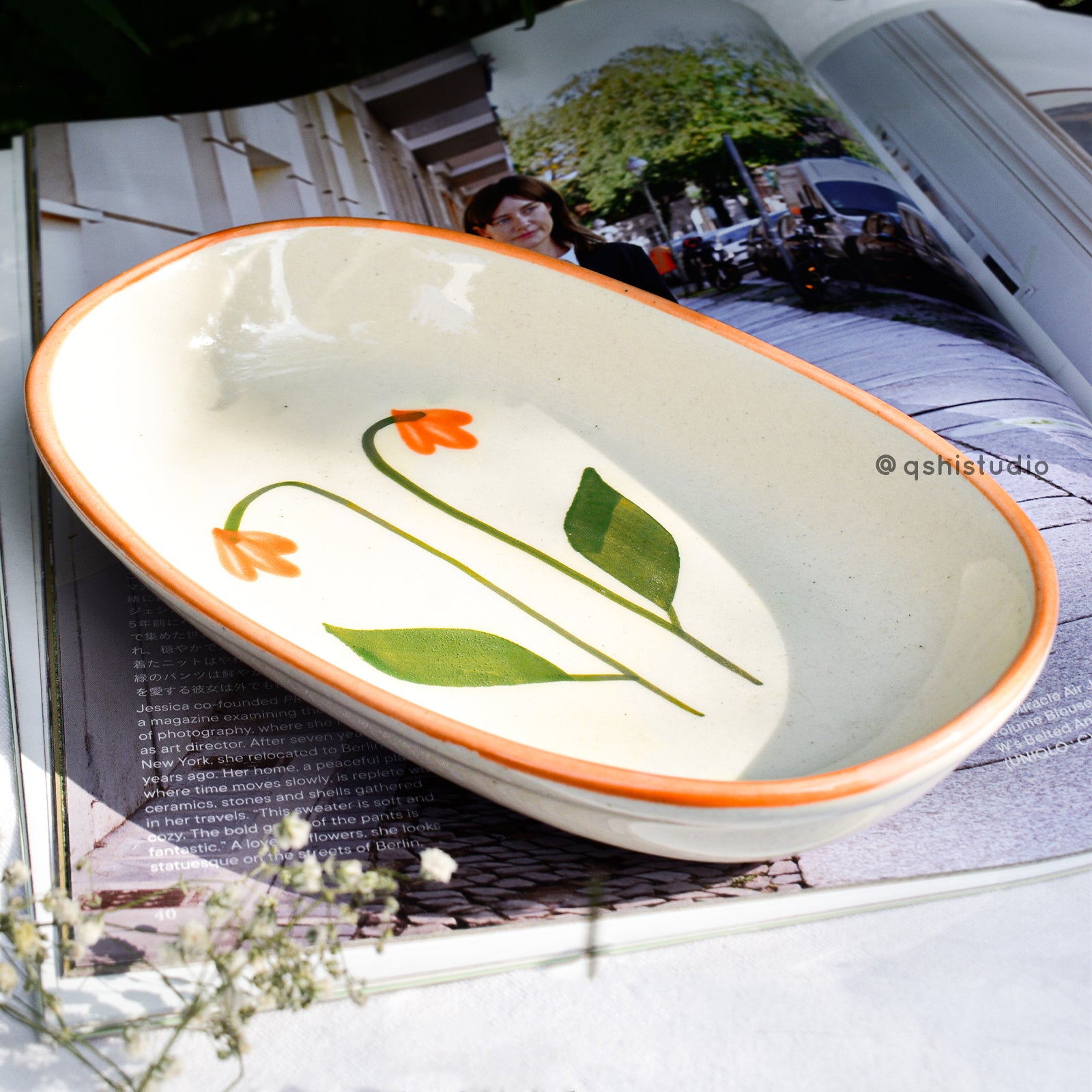 Ceramic Oval Bowl - Amber Flower ( 1 pc )