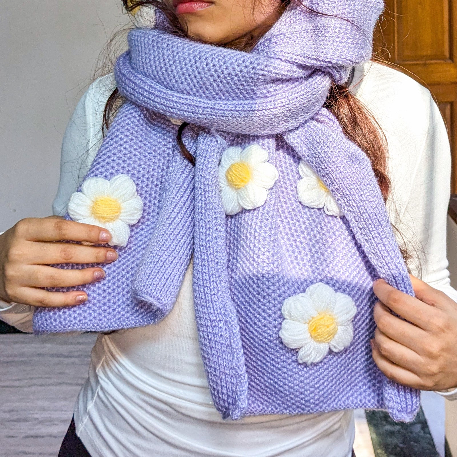 Floral Knit Women's Knit Scarf Lavender Cozy, Stylish Perfect