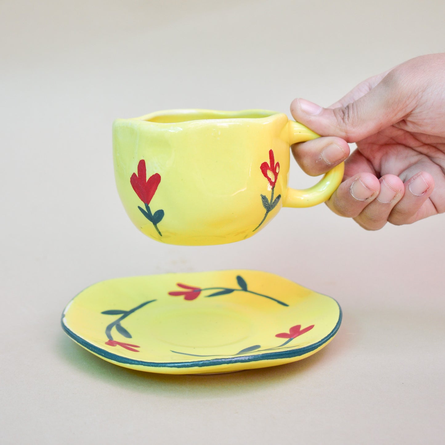 Handmade Ceramic Mug Saucer Set - Yellow Flower