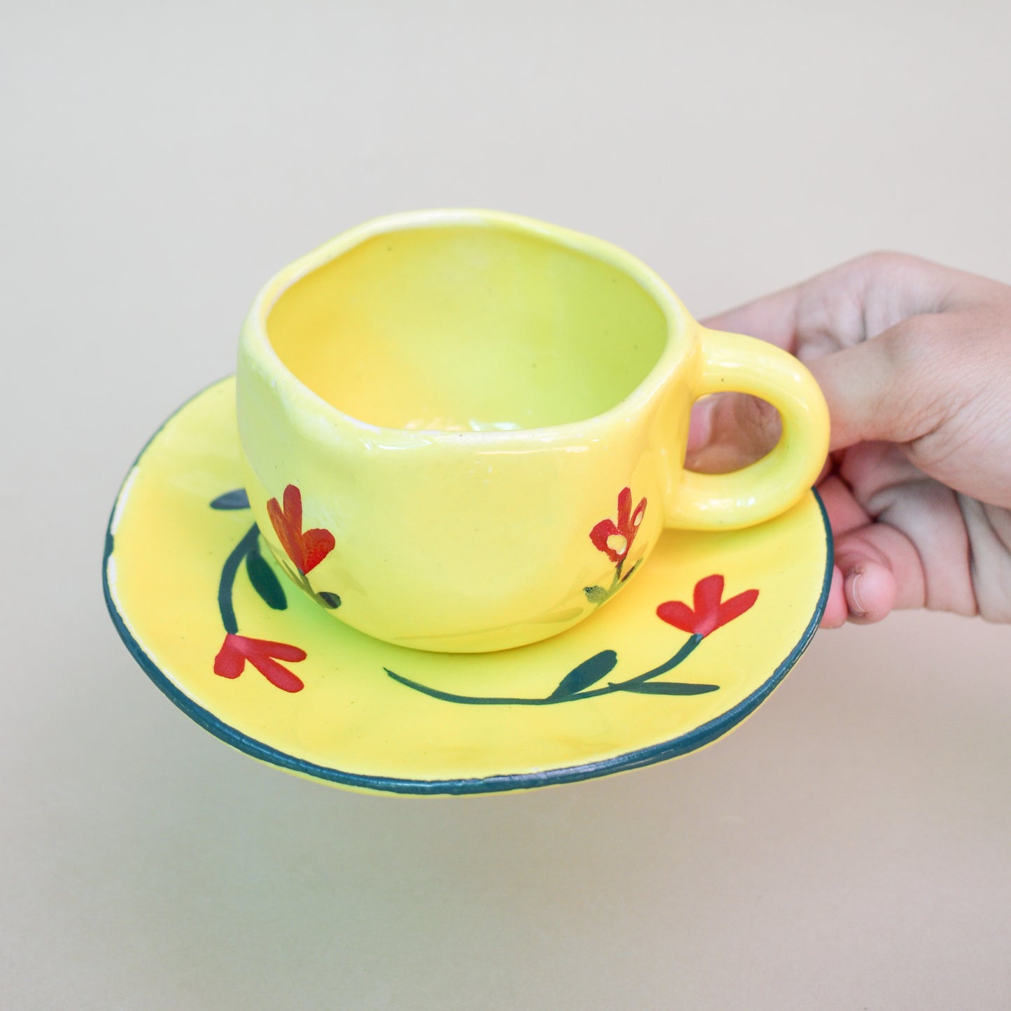 Handmade Ceramic Mug Saucer Set - Yellow Flower