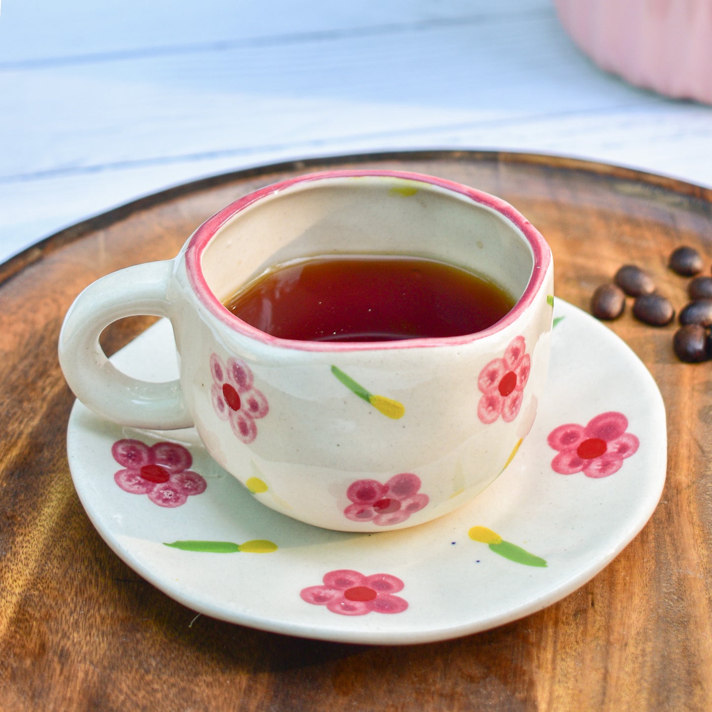 Adorable Tea Cup Coaster Set- Pink Flower