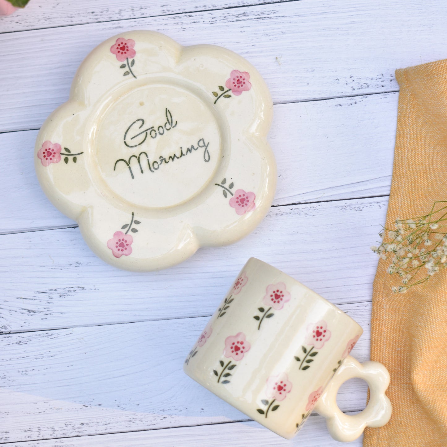Coffee Ceramic Mug Saucer Set - Good Morning