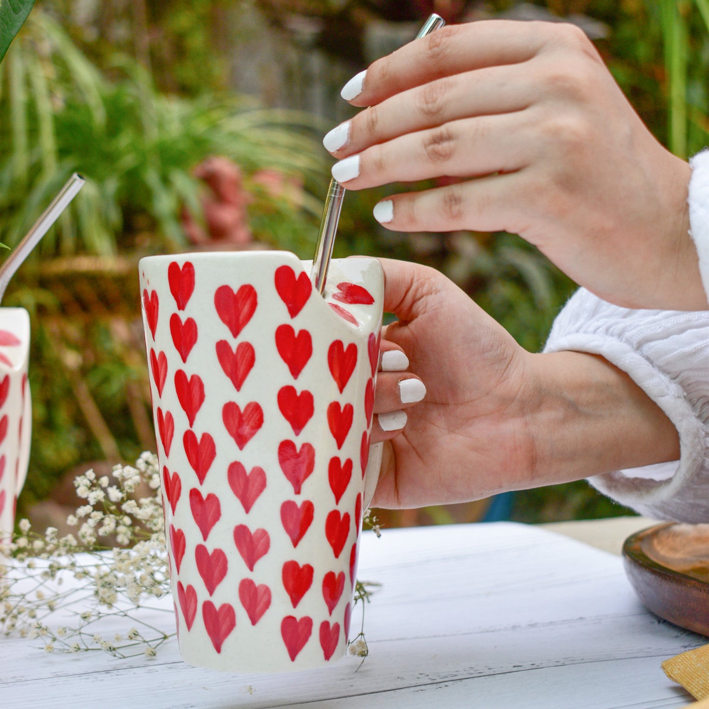 Aesthetic Tall Latte Mug With Straw - Summer Heart