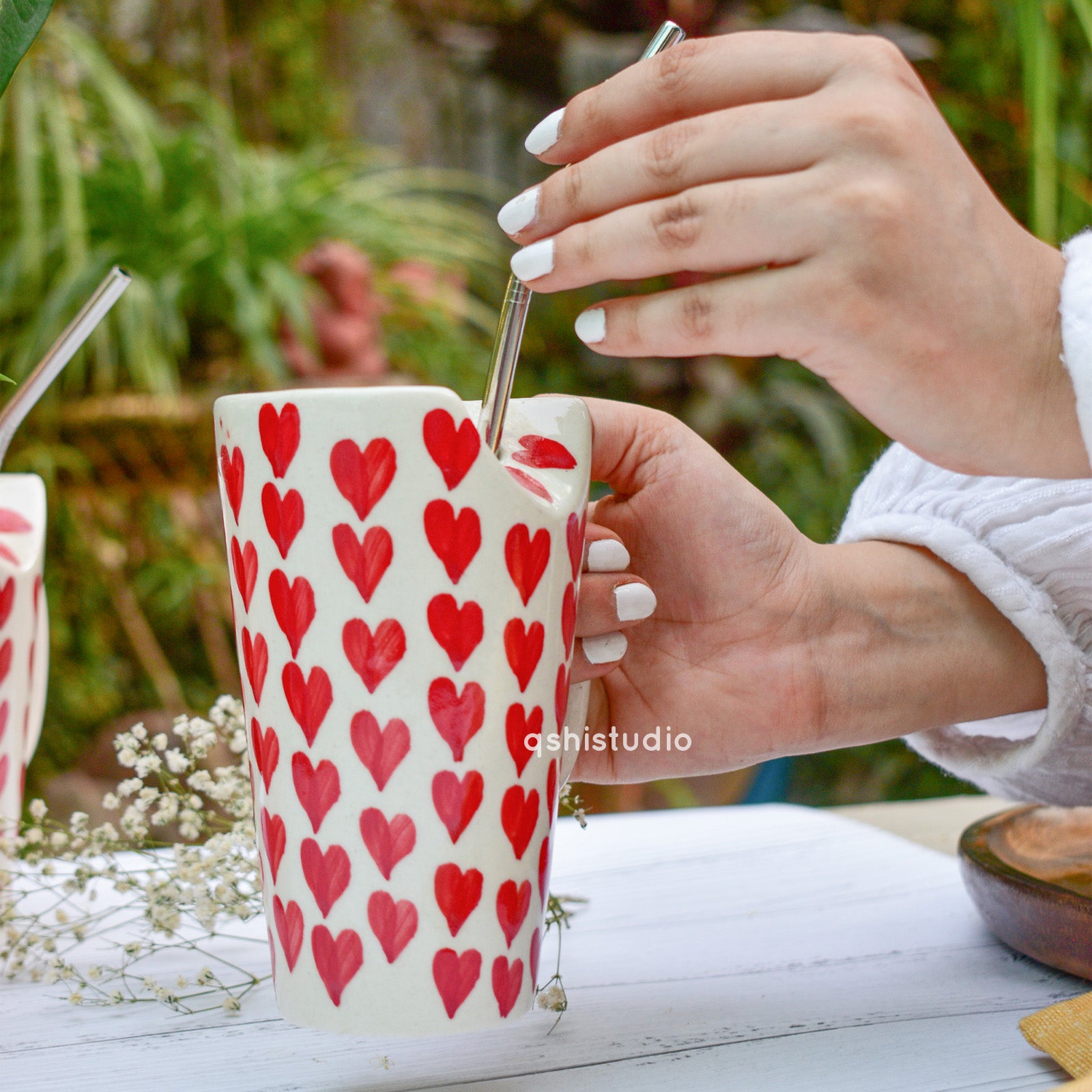 Aesthetic Tall Latte Mug With Straw - Summer Heart