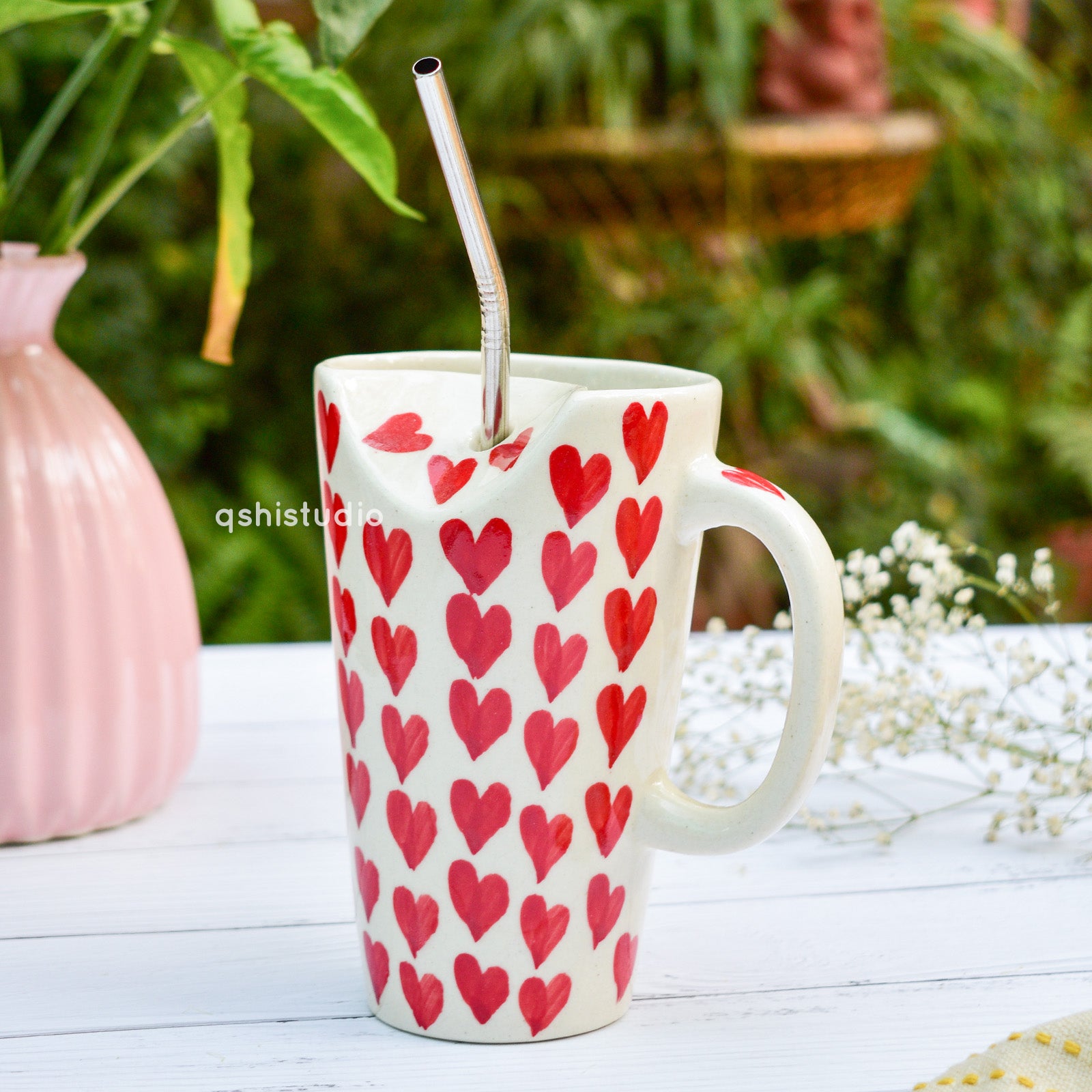Aesthetic Tall Latte Mug With Straw - Summer Heart