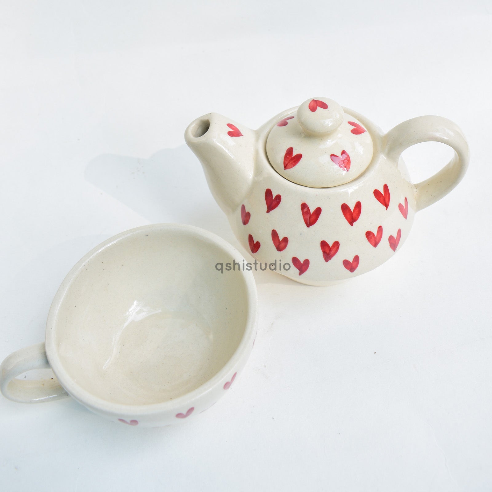 Ceramic Tea Pot & Cup Set - Red Hearts