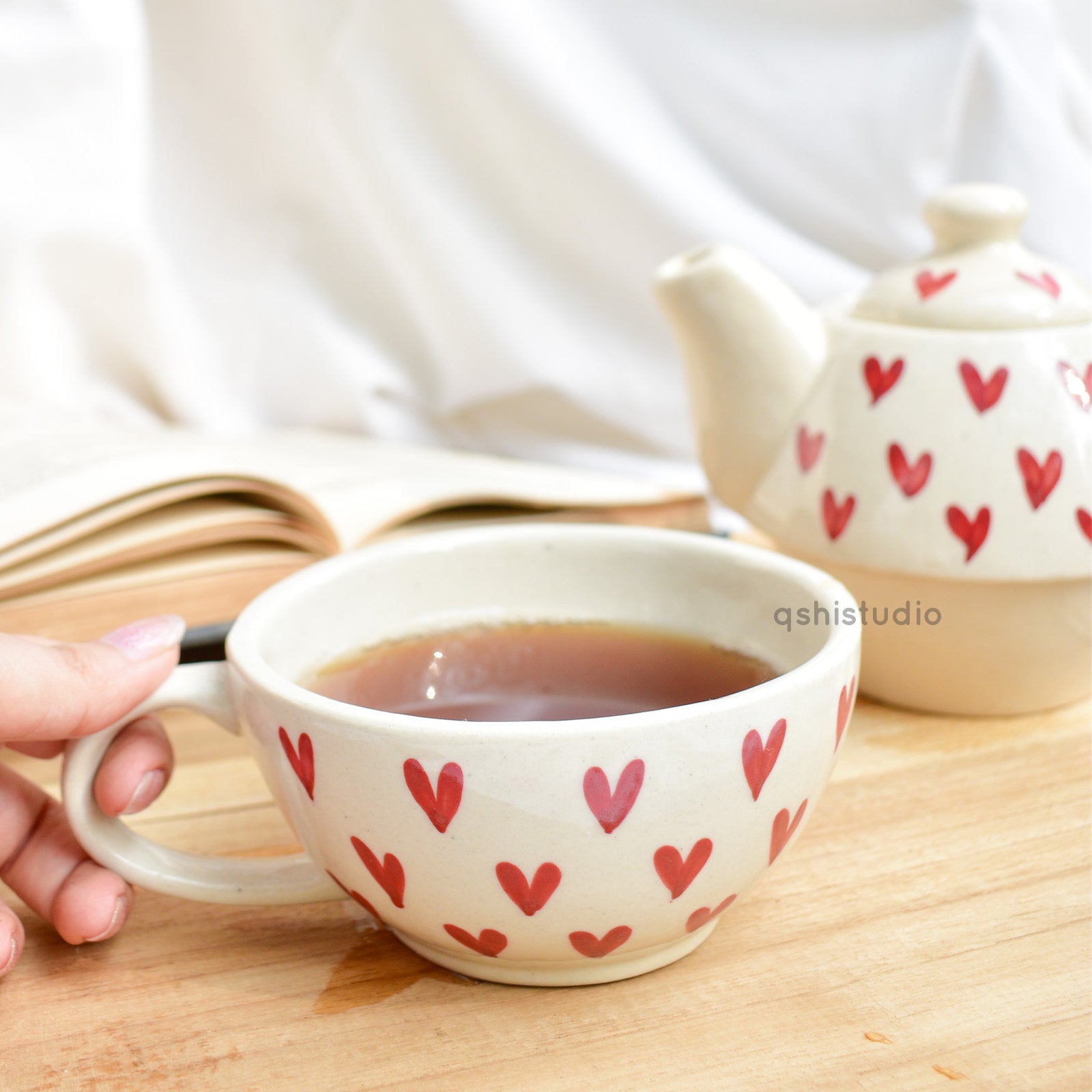 Ceramic Tea Pot & Cup Set - Red Hearts