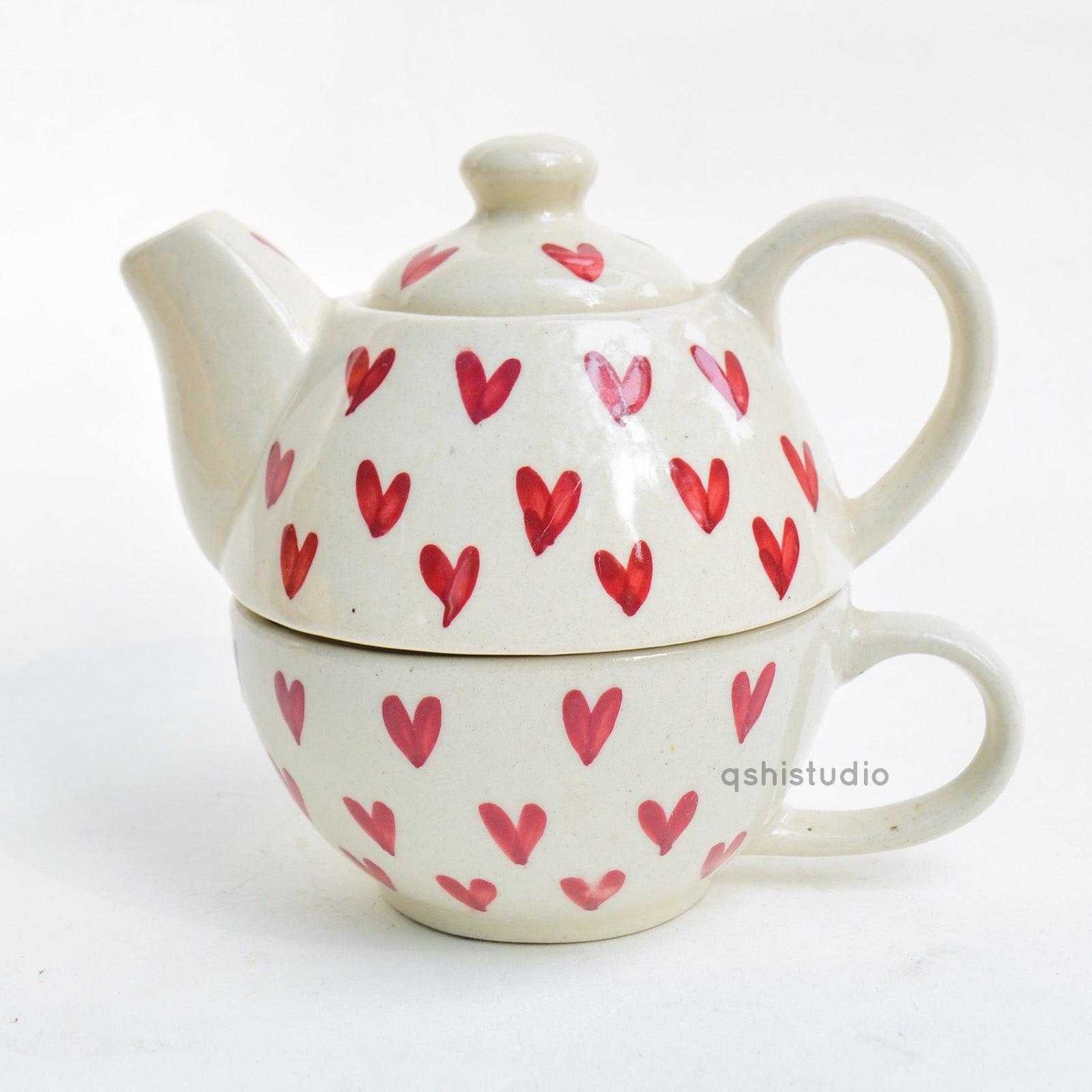 Ceramic Tea Pot & Cup Set - Red Hearts