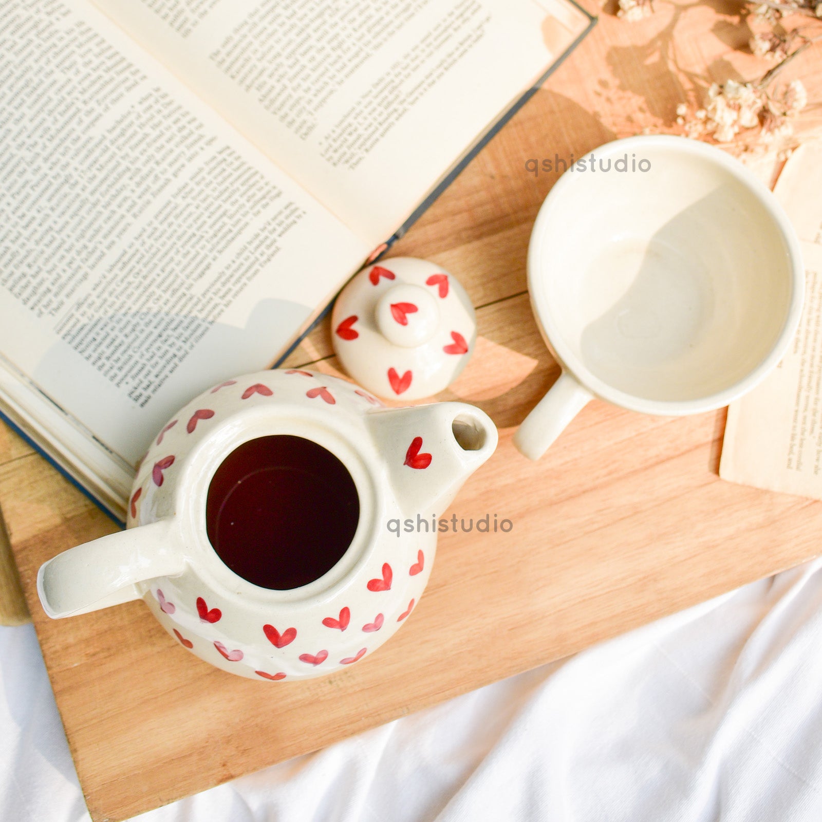 Ceramic Tea Pot & Cup Set - Red Hearts