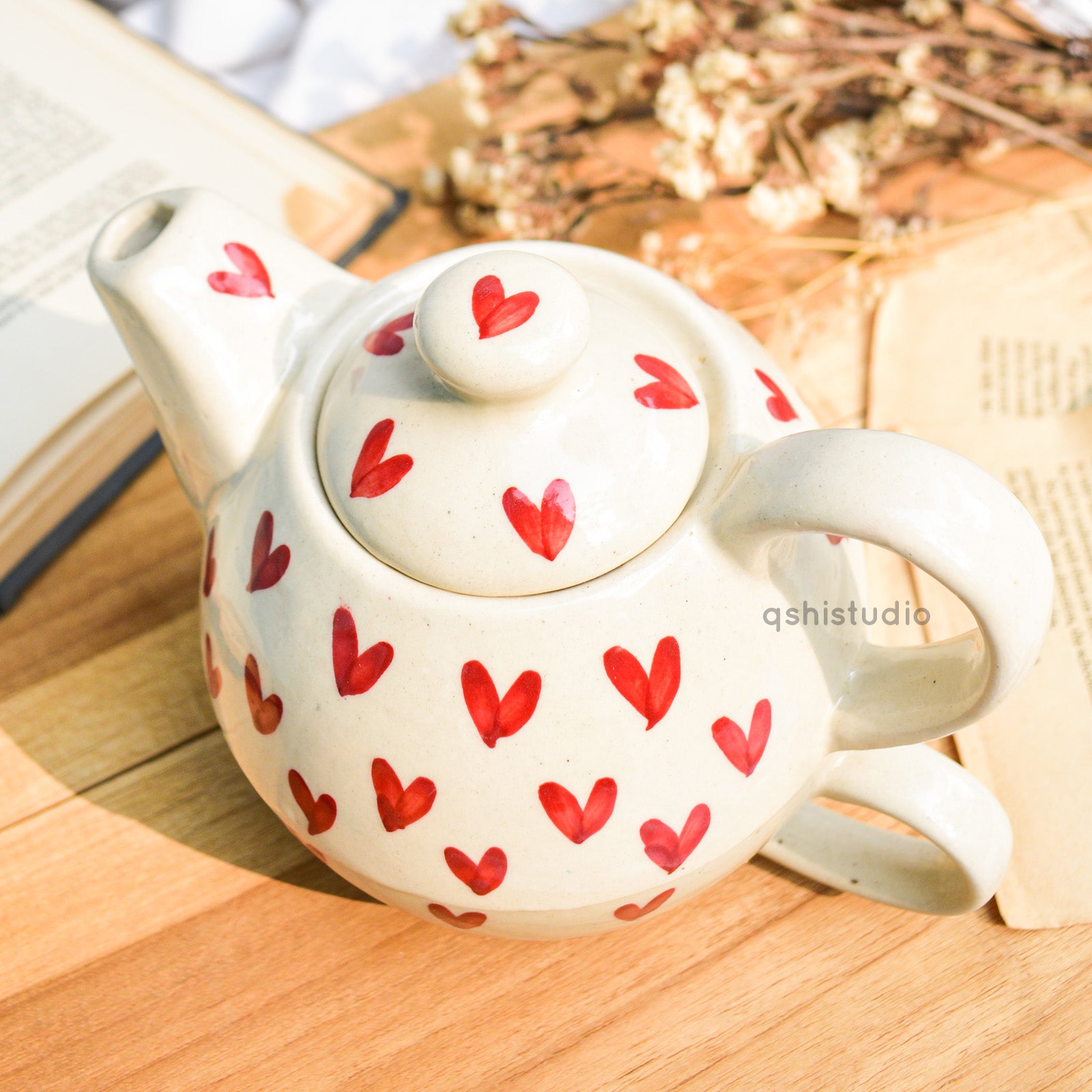 Ceramic Tea Pot & Cup Set - Red Hearts