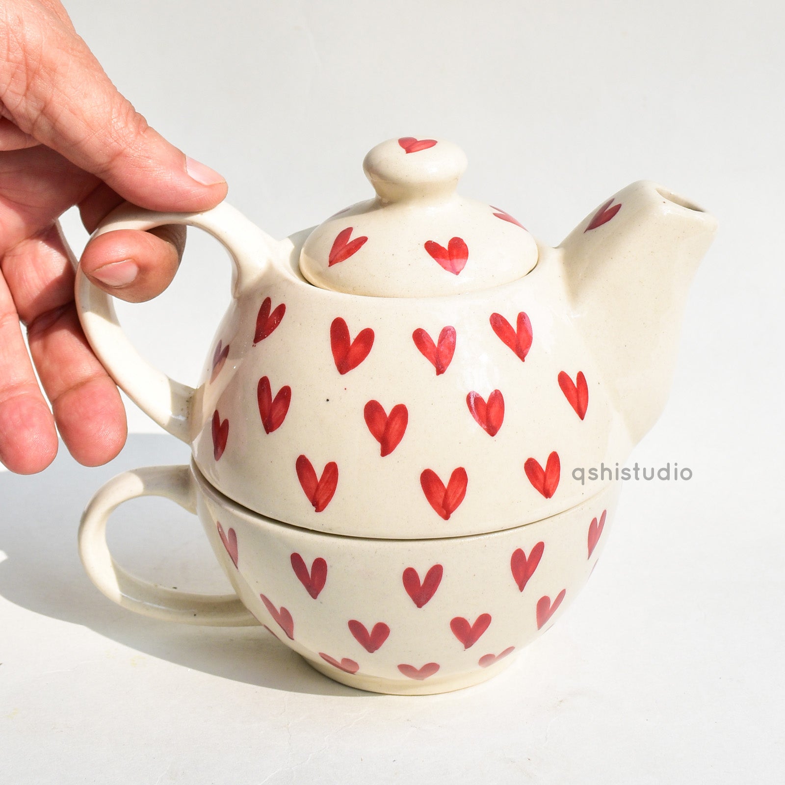 Ceramic Tea Pot & Cup Set - Red Hearts