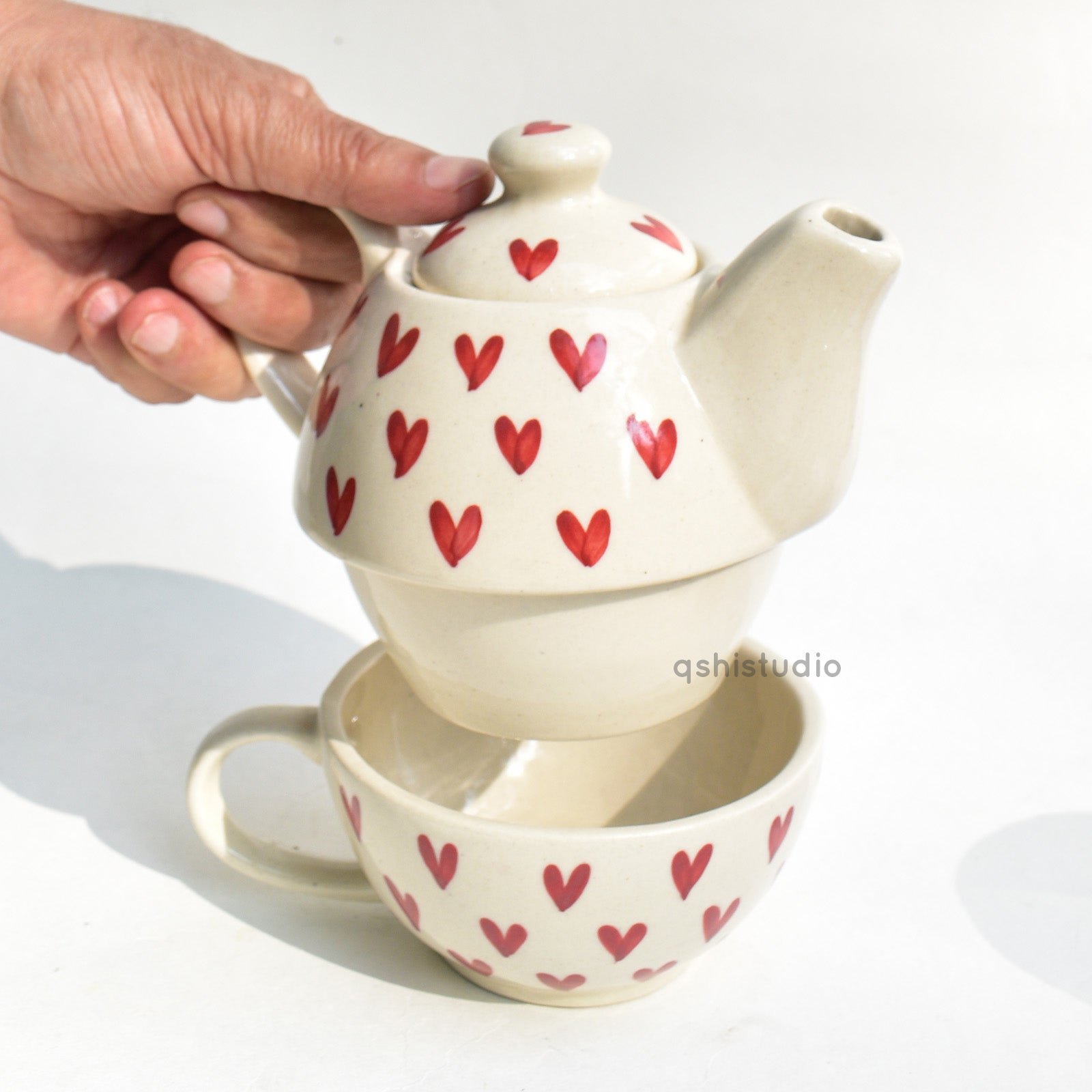 Ceramic Tea Pot & Cup Set - Red Hearts