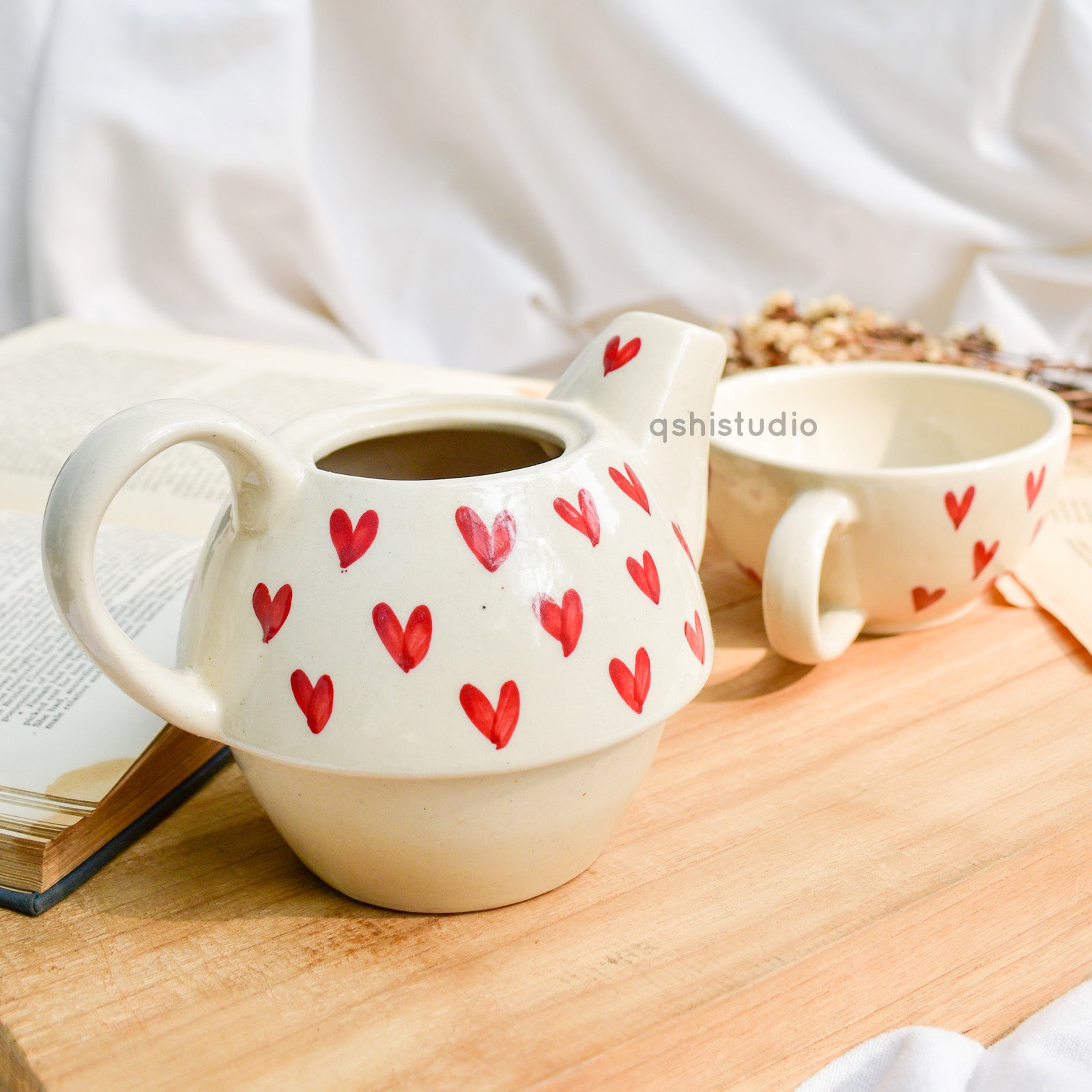 Ceramic Tea Pot & Cup Set - Red Hearts