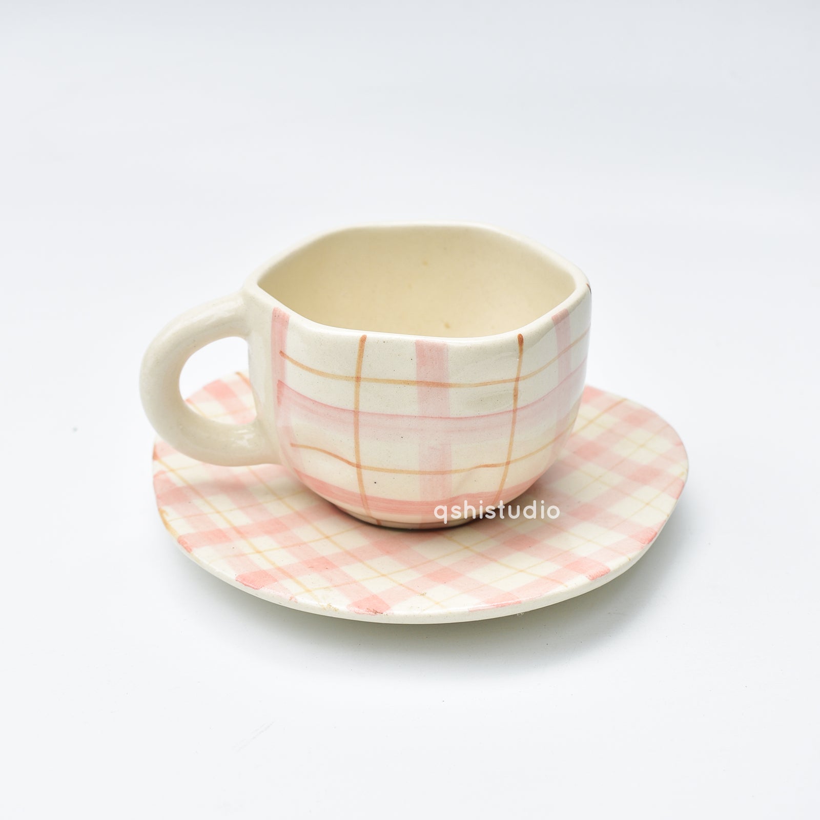 Ceramic Coffee Mug & Saucer Set - Cozy Checks