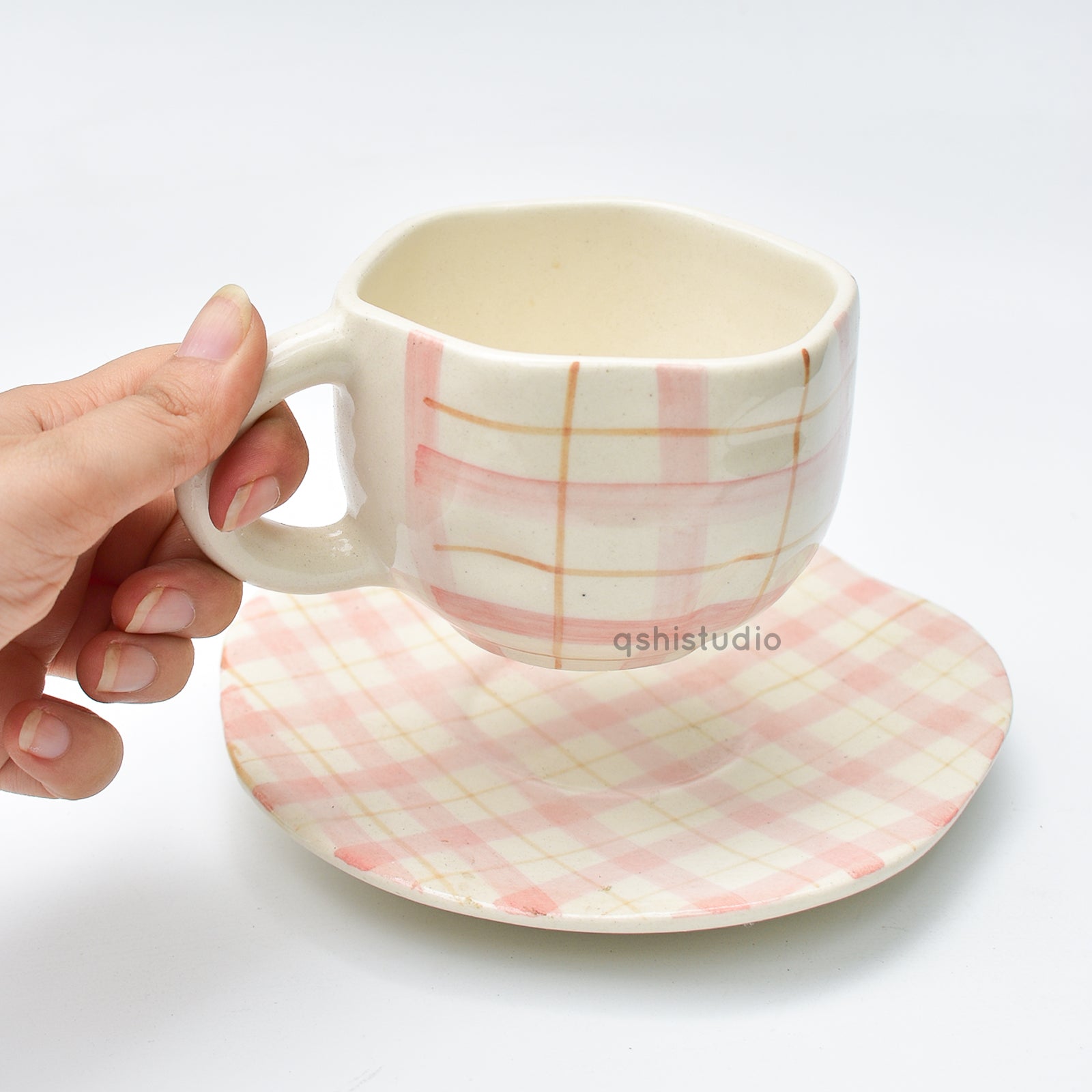 Ceramic Coffee Mug & Saucer Set - Cozy Checks