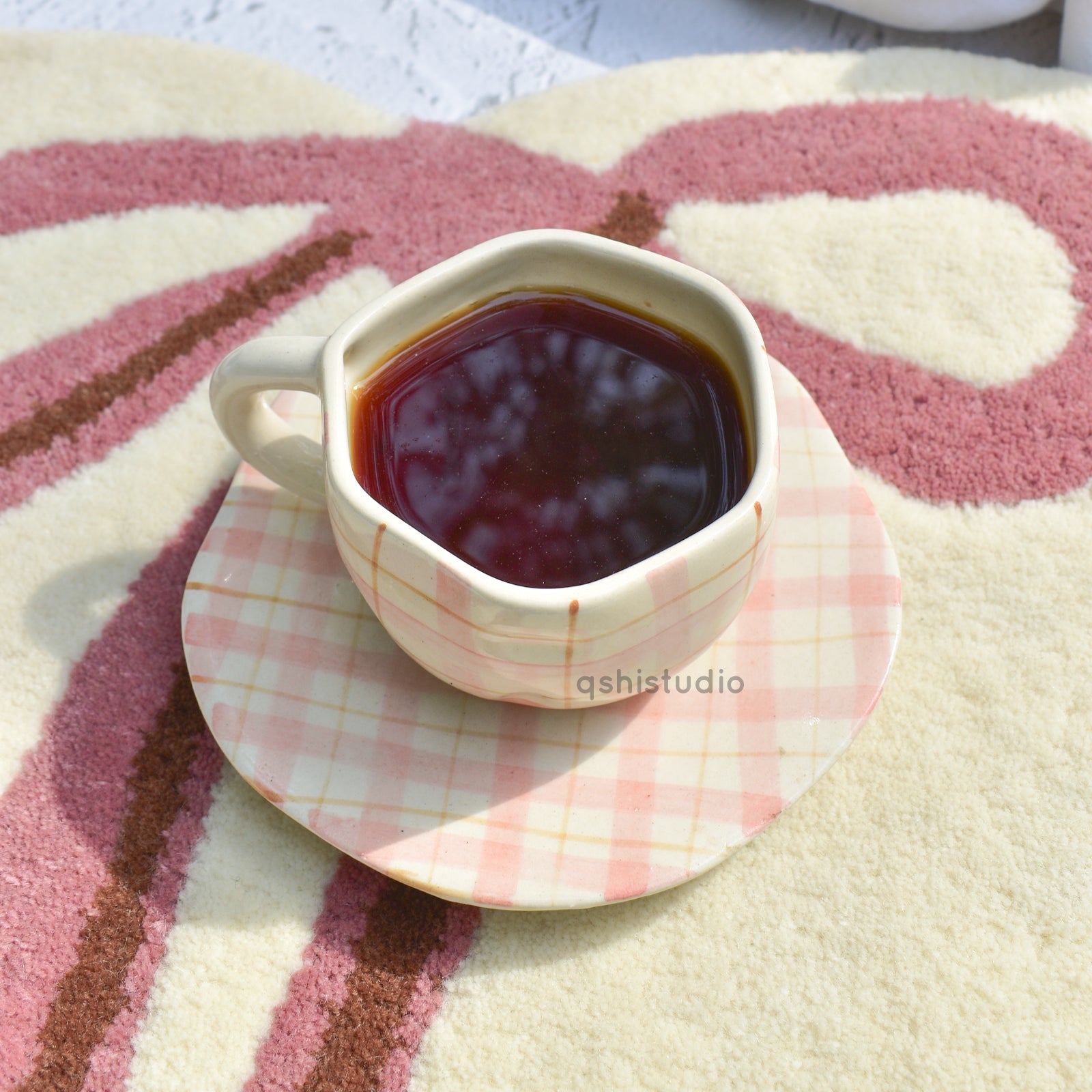 Ceramic Coffee Mug & Saucer Set - Cozy Checks