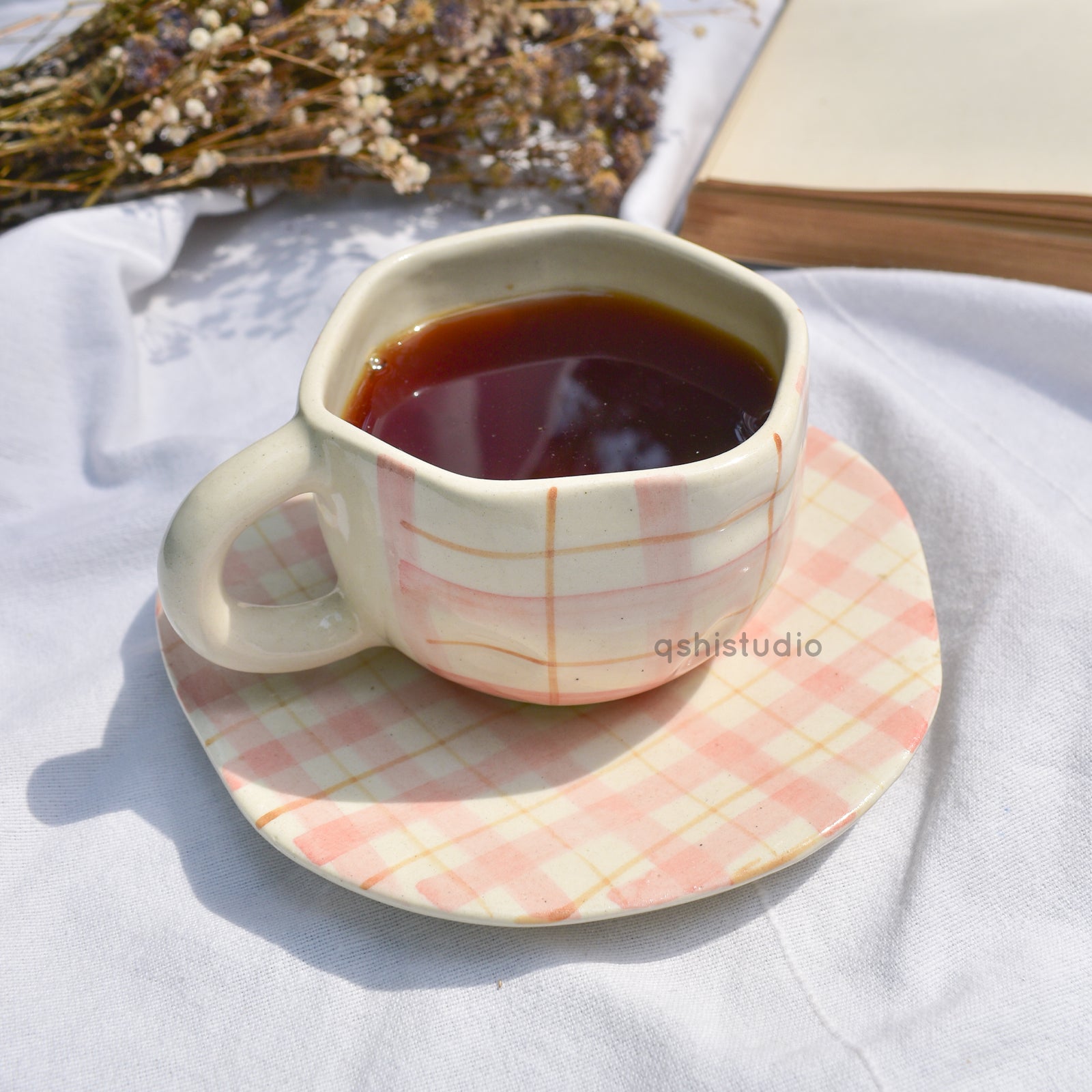 Ceramic Coffee Mug & Saucer Set - Cozy Checks