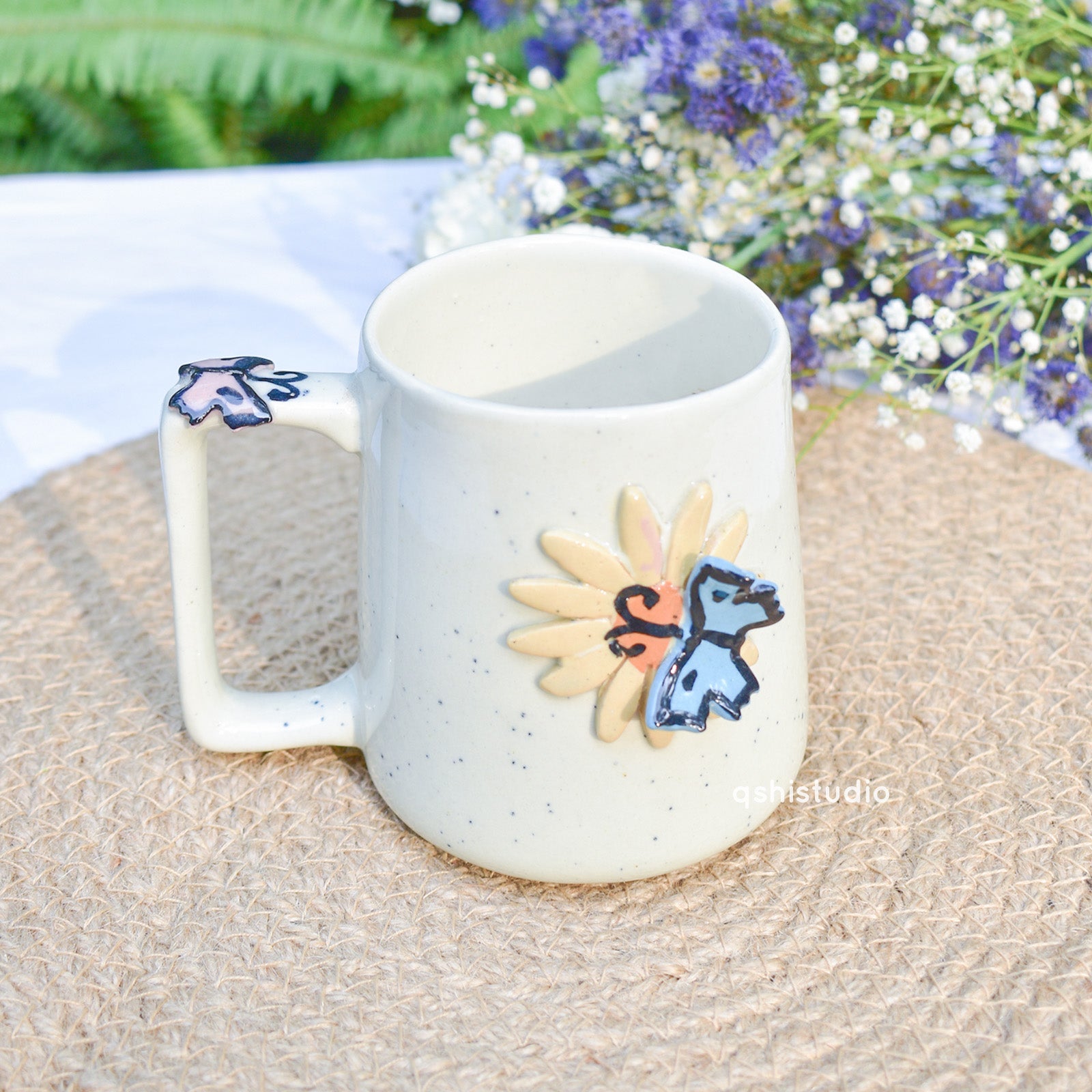 Handmade Ceramic Mug - 3D Butterfly Flower