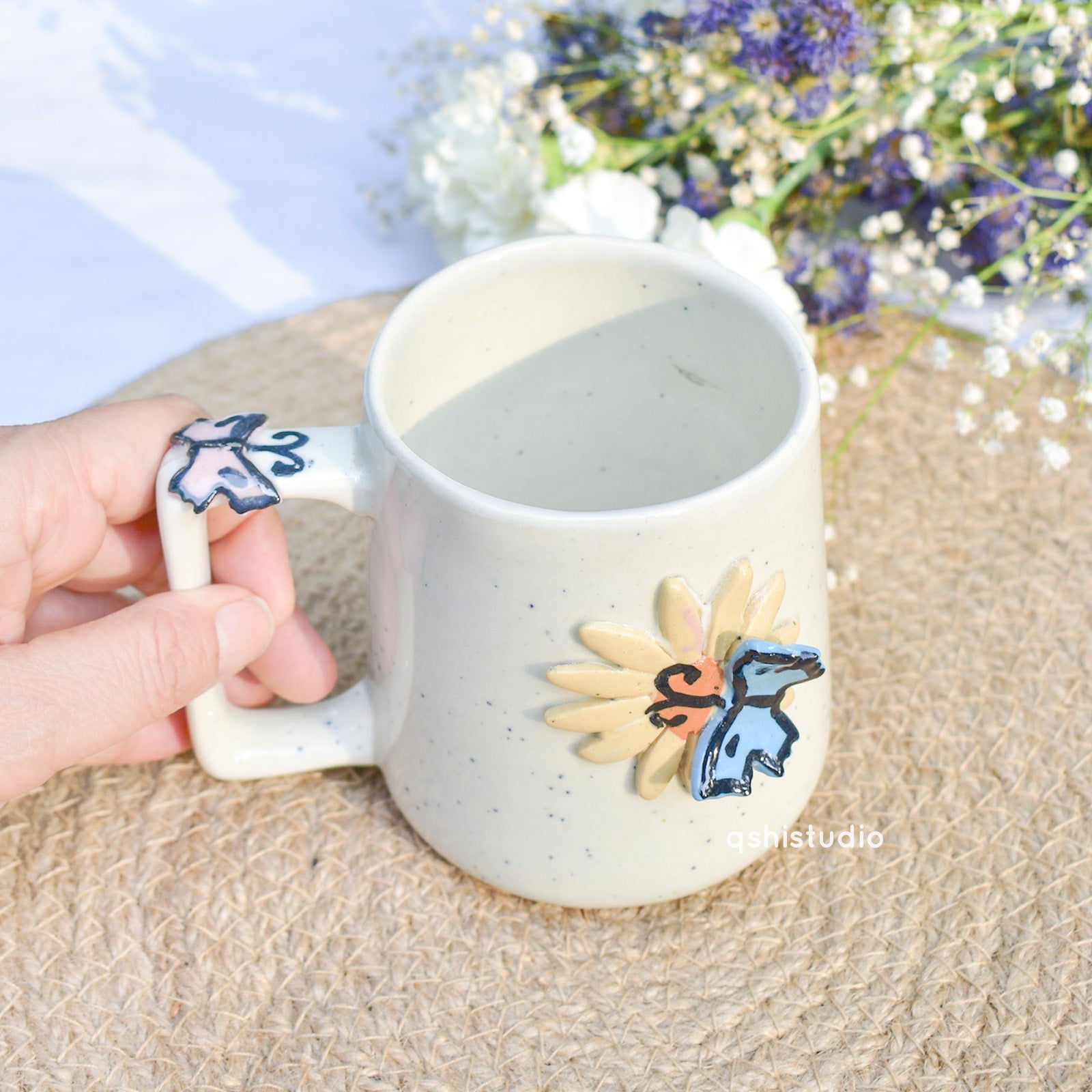 Handmade Ceramic Mug - 3D Butterfly Flower