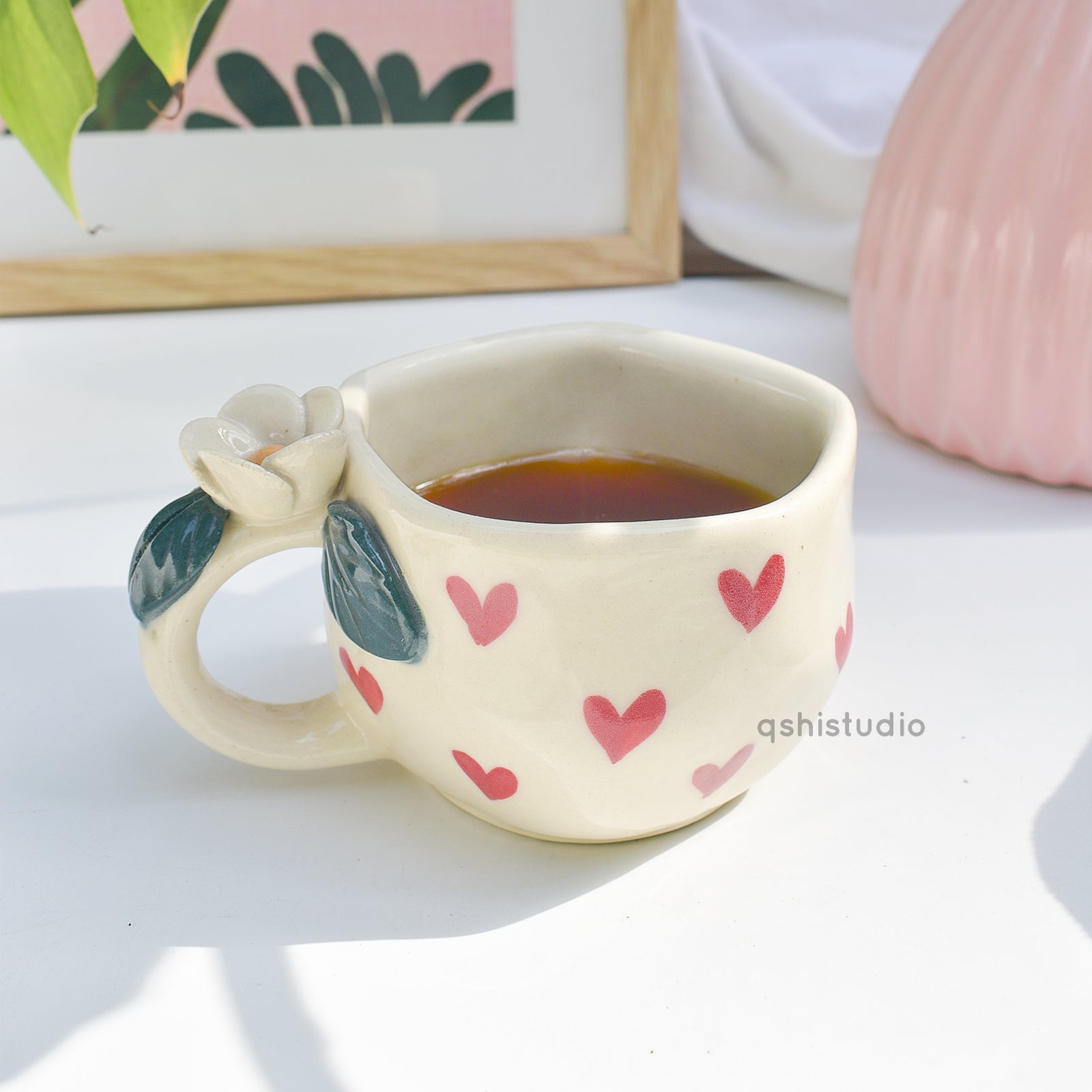 Pinterest Ceramic Mug - White Rose Bush Hearts