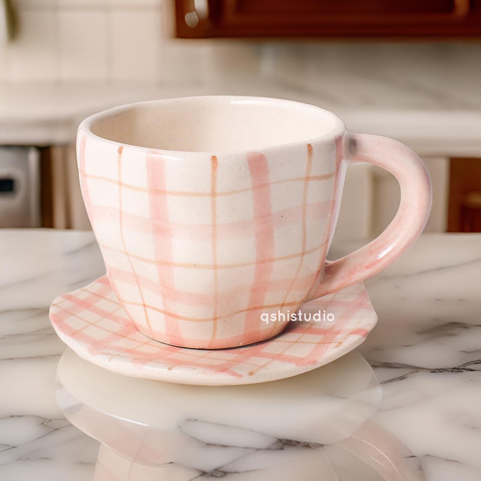 Handmade Cute Ceramic mug & Coaster Set - Plaid