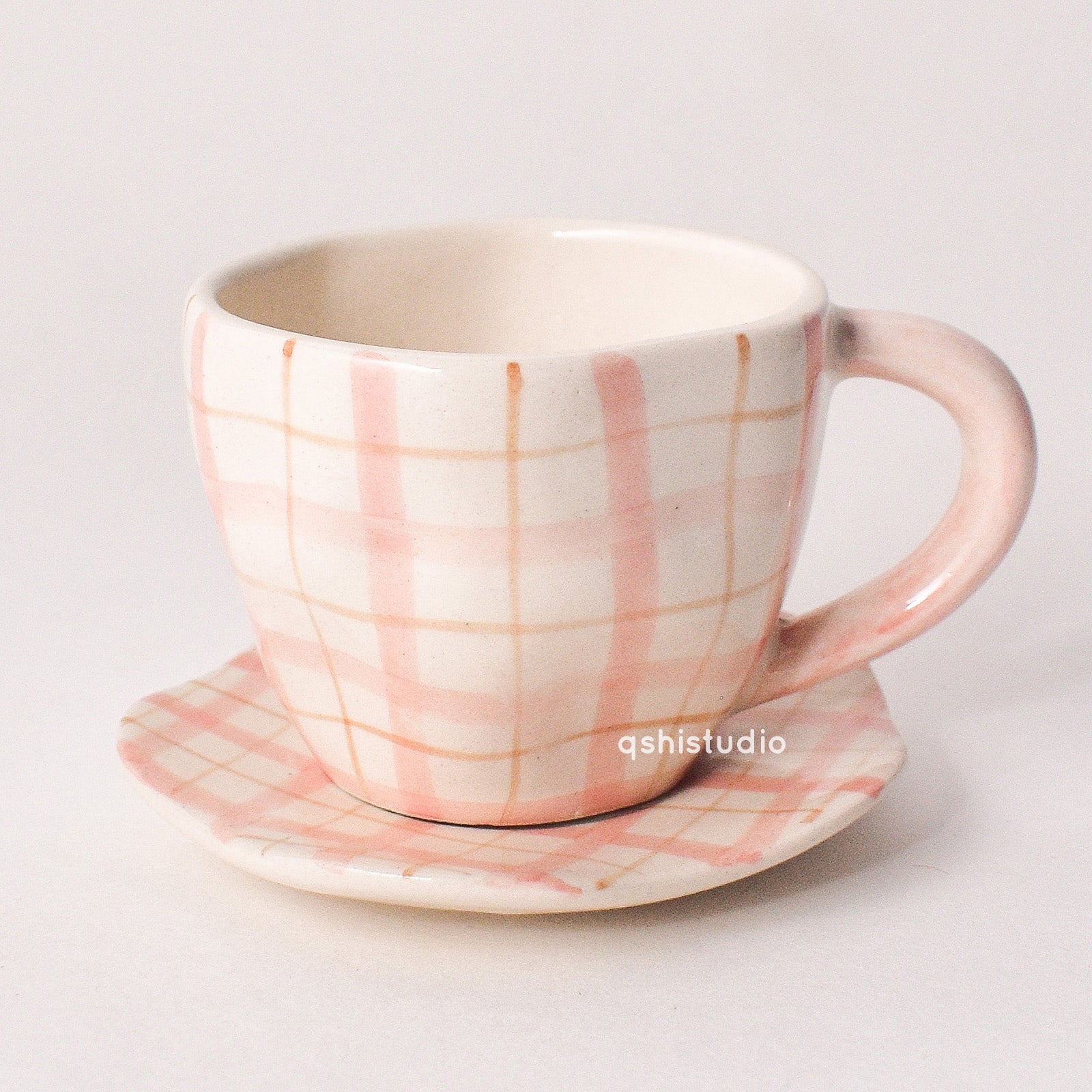 Handmade Cute Ceramic mug & Coaster Set - Plaid
