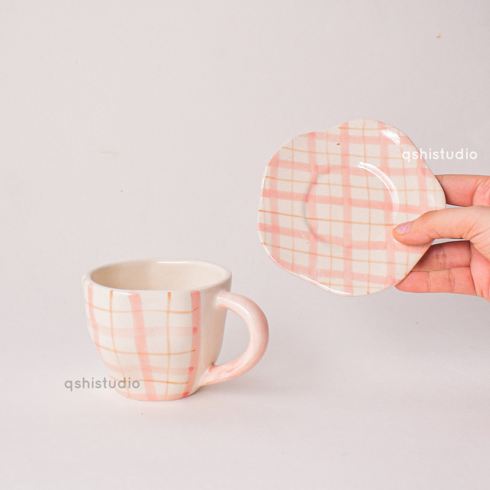 Handmade Cute Ceramic mug & Coaster Set - Plaid
