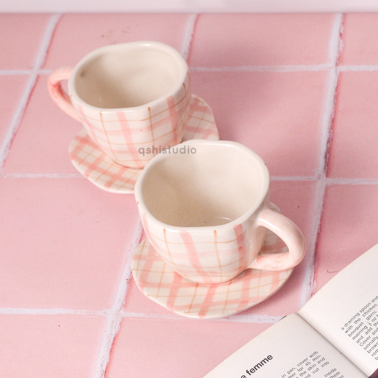Handmade Cute Ceramic mug & Coaster Set - Plaid