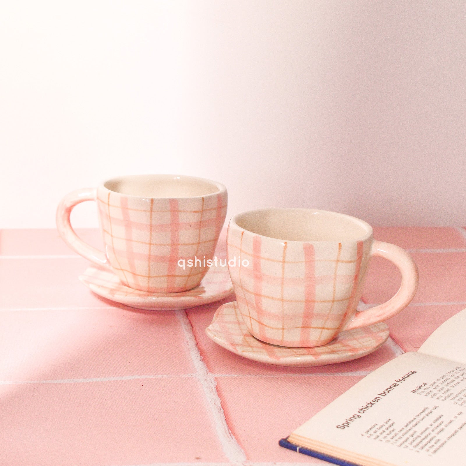 Handmade Cute Ceramic mug & Coaster Set - Plaid