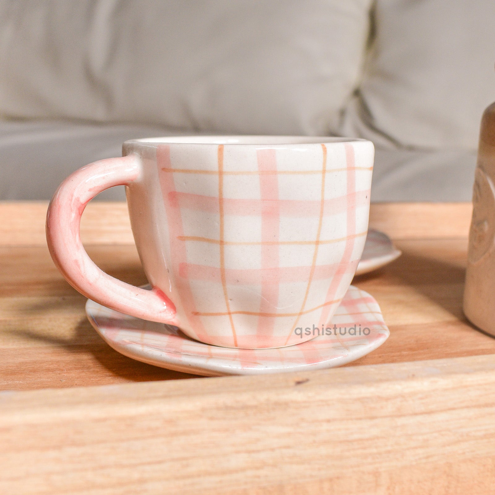 Handmade Cute Ceramic mug & Coaster Set - Plaid