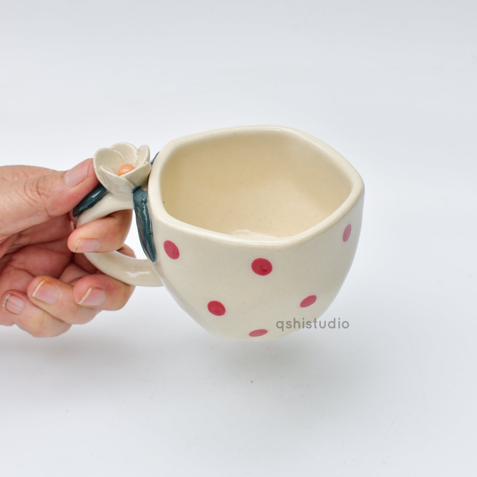 Pinterest Ceramic Mug - White Rose Bush Dots