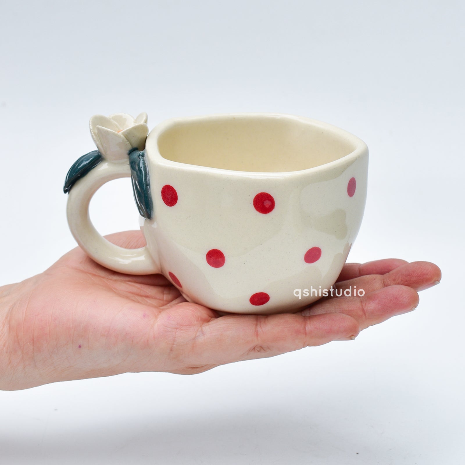 Pinterest Ceramic Mug - White Rose Bush Dots