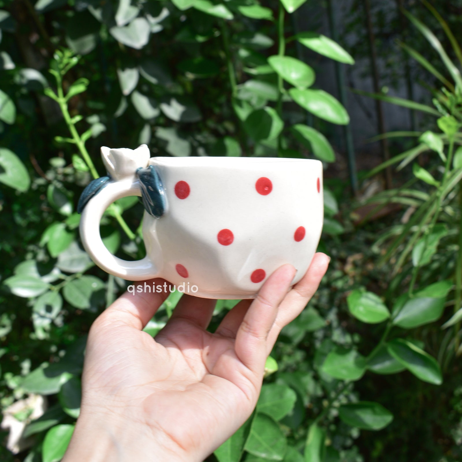 Pinterest Ceramic Mug - White Rose Bush Dots