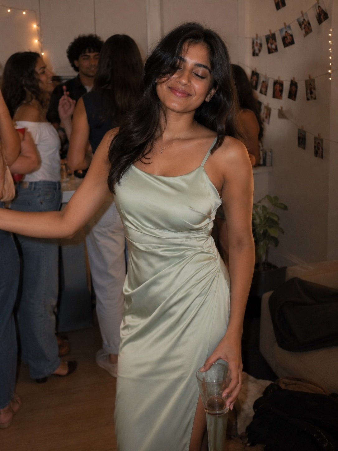 Sage Satin Slit Maxi Dress