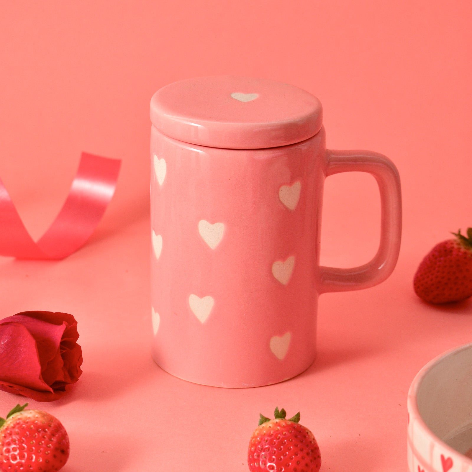 Ceramic Mug With Lid - Pink Heart