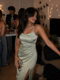 Sage Satin Slit Maxi Dress