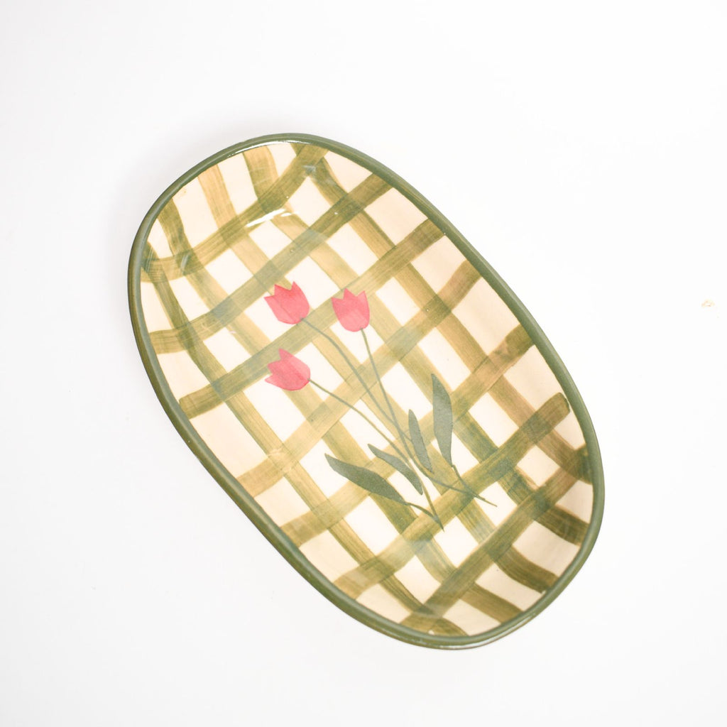 Ceramic Oval Bowl - Green Checked Flower
