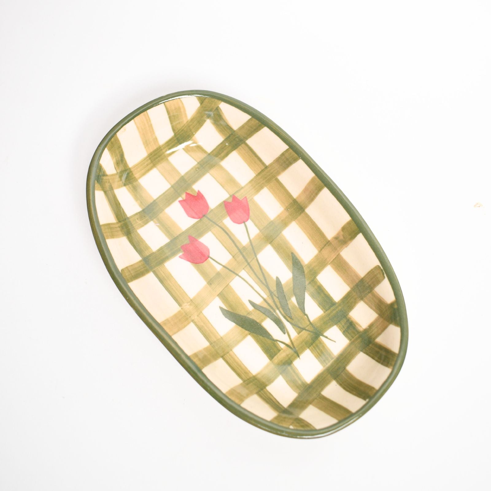 Ceramic Oval Bowl - Green Checked Flower