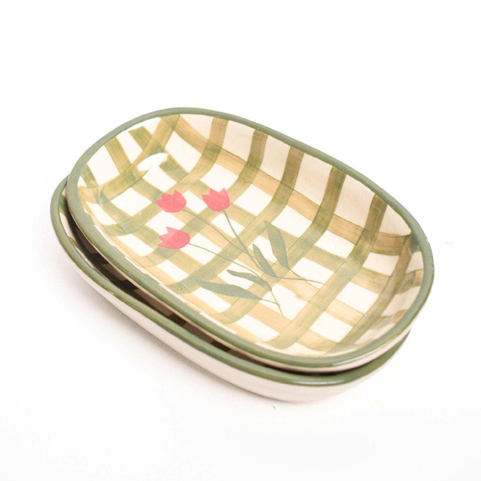 Ceramic Oval Bowl - Green Checked Flower