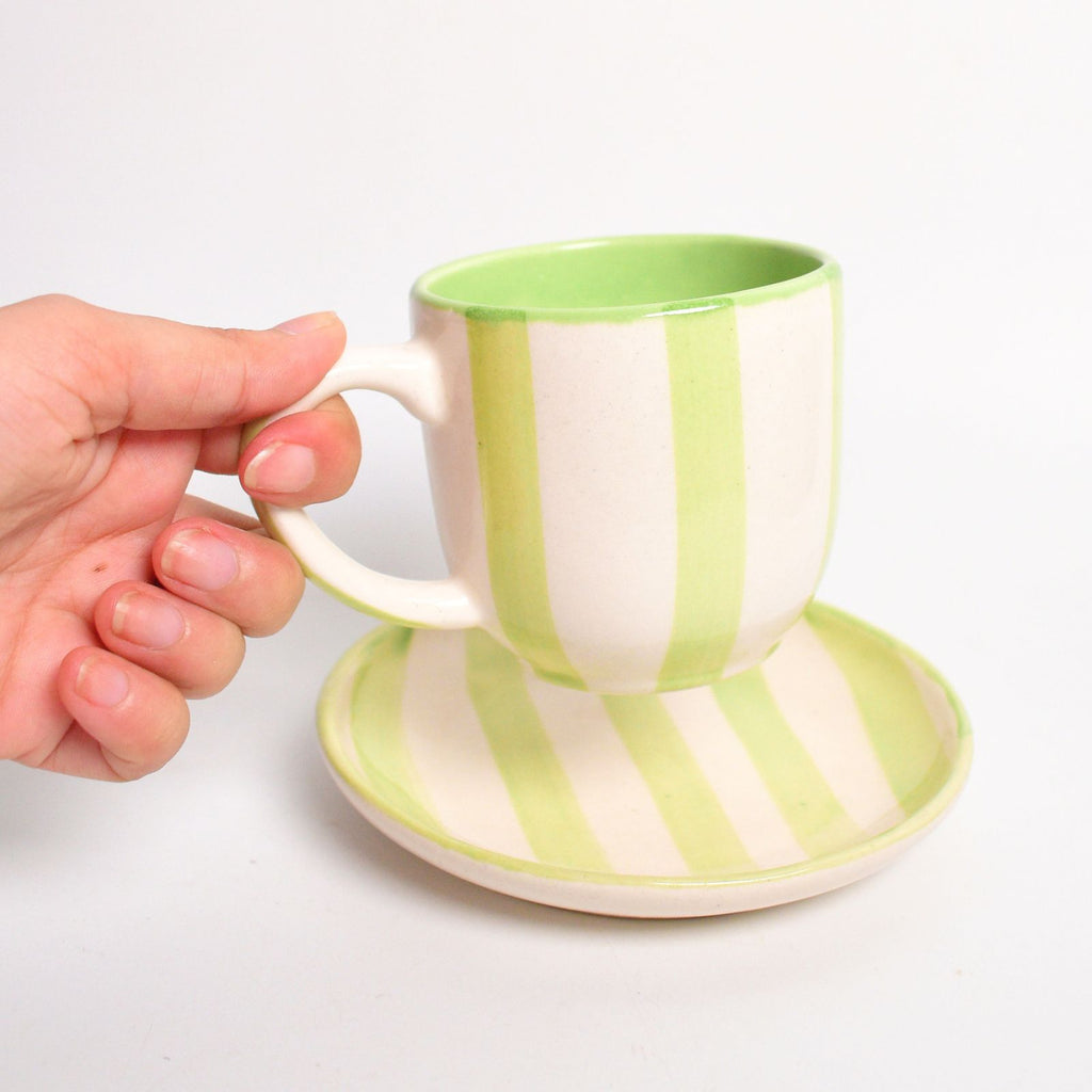 Ceramic Cup & Coaster Set - Green Stripe