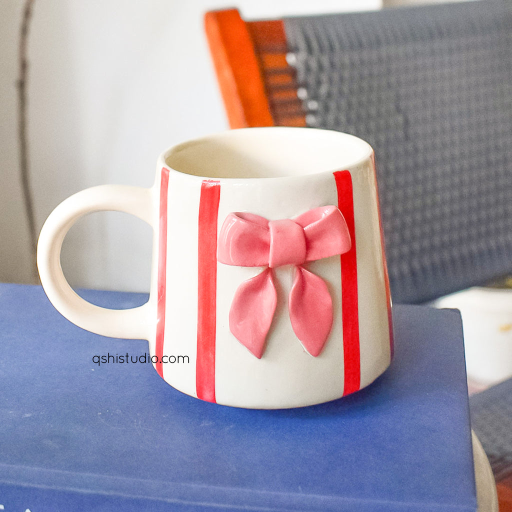 Ceramic Coffee Mug - Red Striped Bow