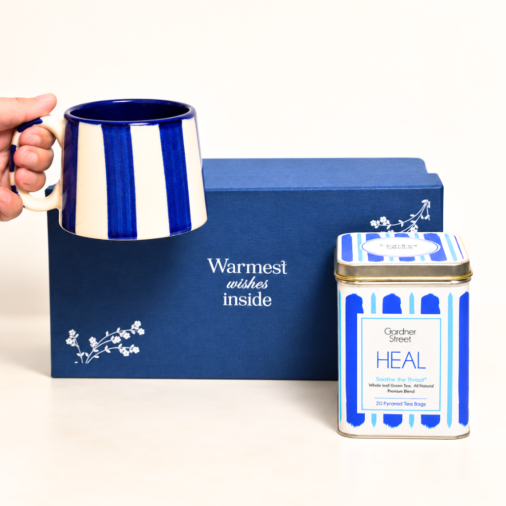 Dark Blue Stripe mug and Heal Tea Gift Set
