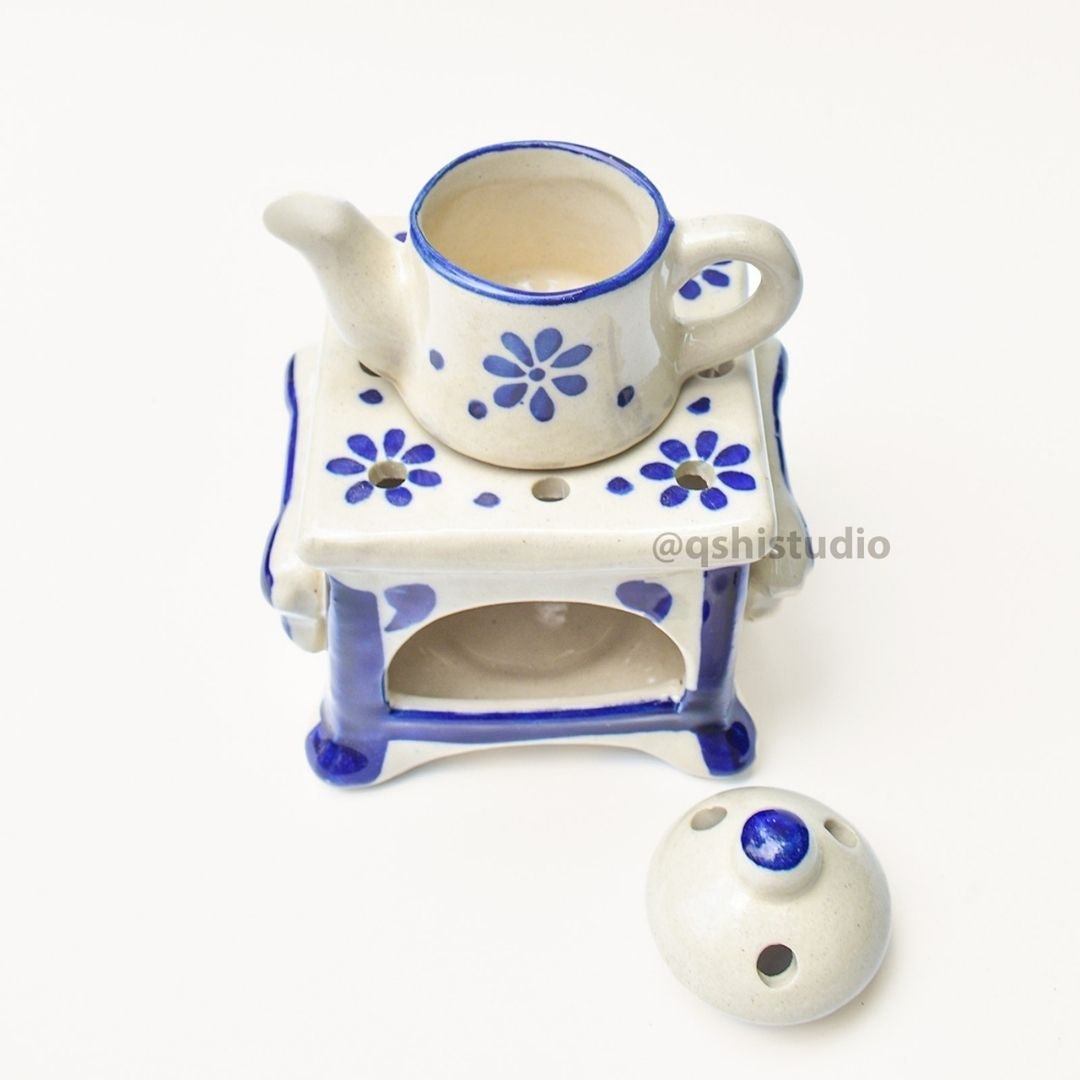 Ceramic Blue Tea-Kettle Aromatherapy Burner