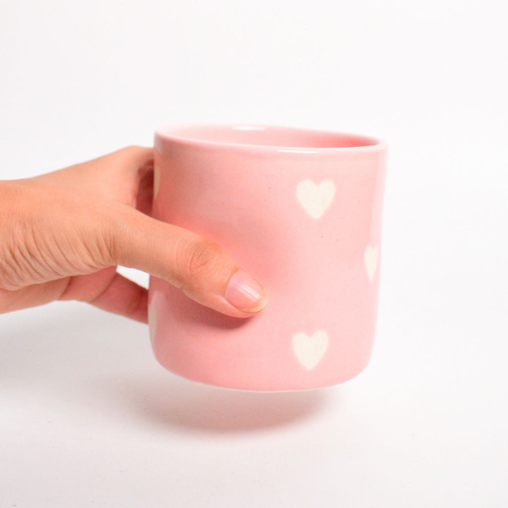 Ceramic Tea Cup Pinch Tumbler - Pink White Heart