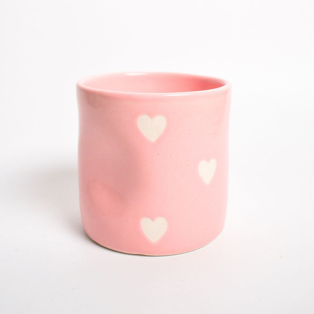 Ceramic Tea Cup Pinch Tumbler - Pink White Heart