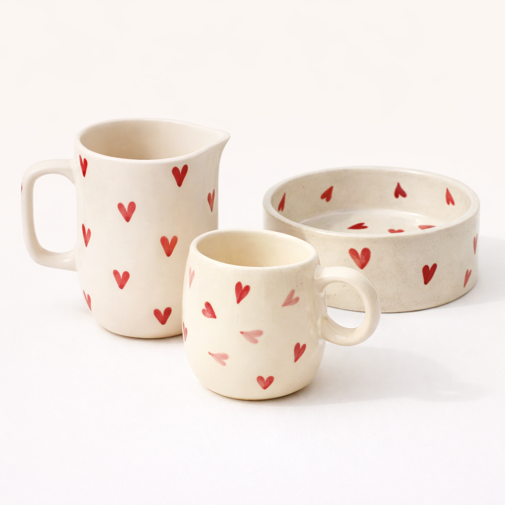 Heart Ceramic Breakfast Set — Mug, Bowl & Jug