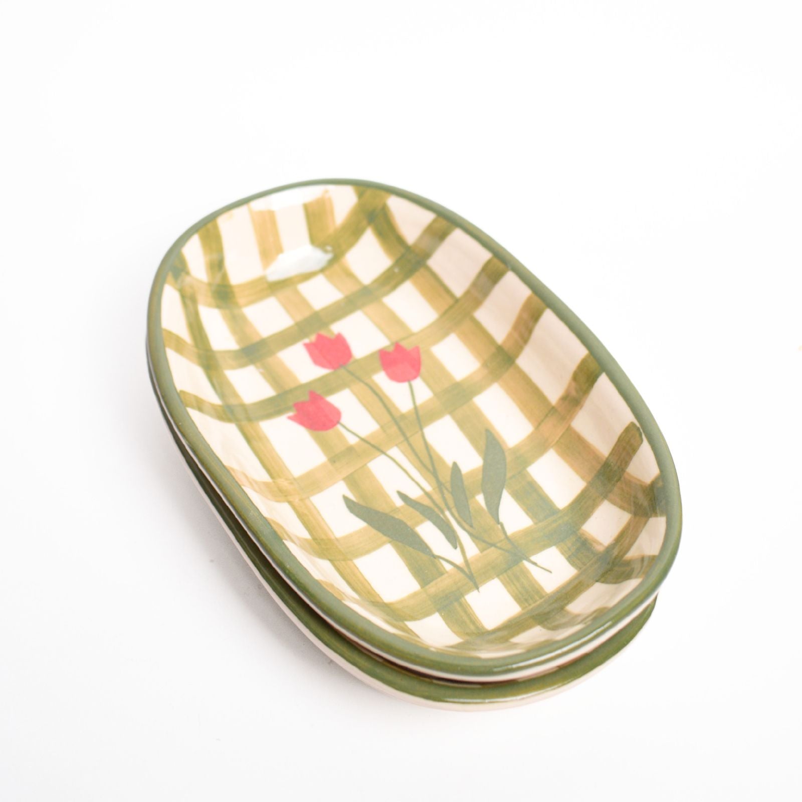 Ceramic Oval Bowl - Green Checked Flower