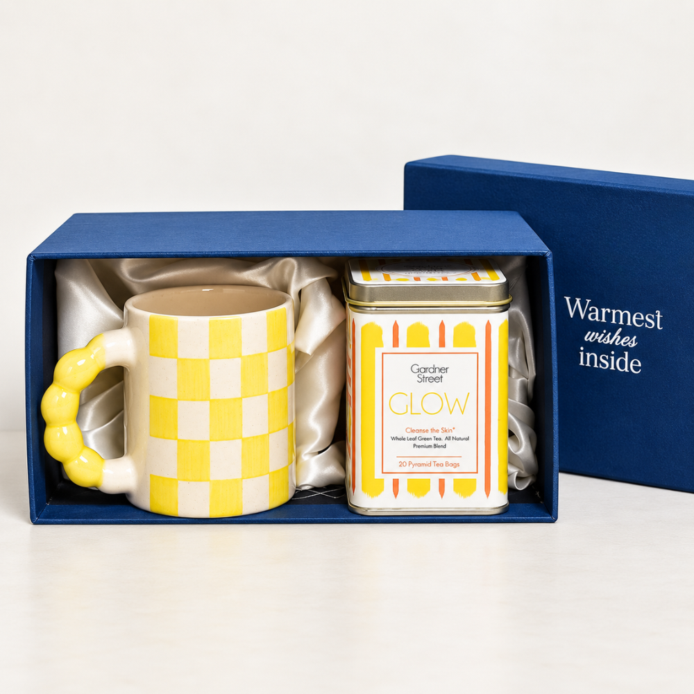 Yellow check mug and Glow Tea Gift Set