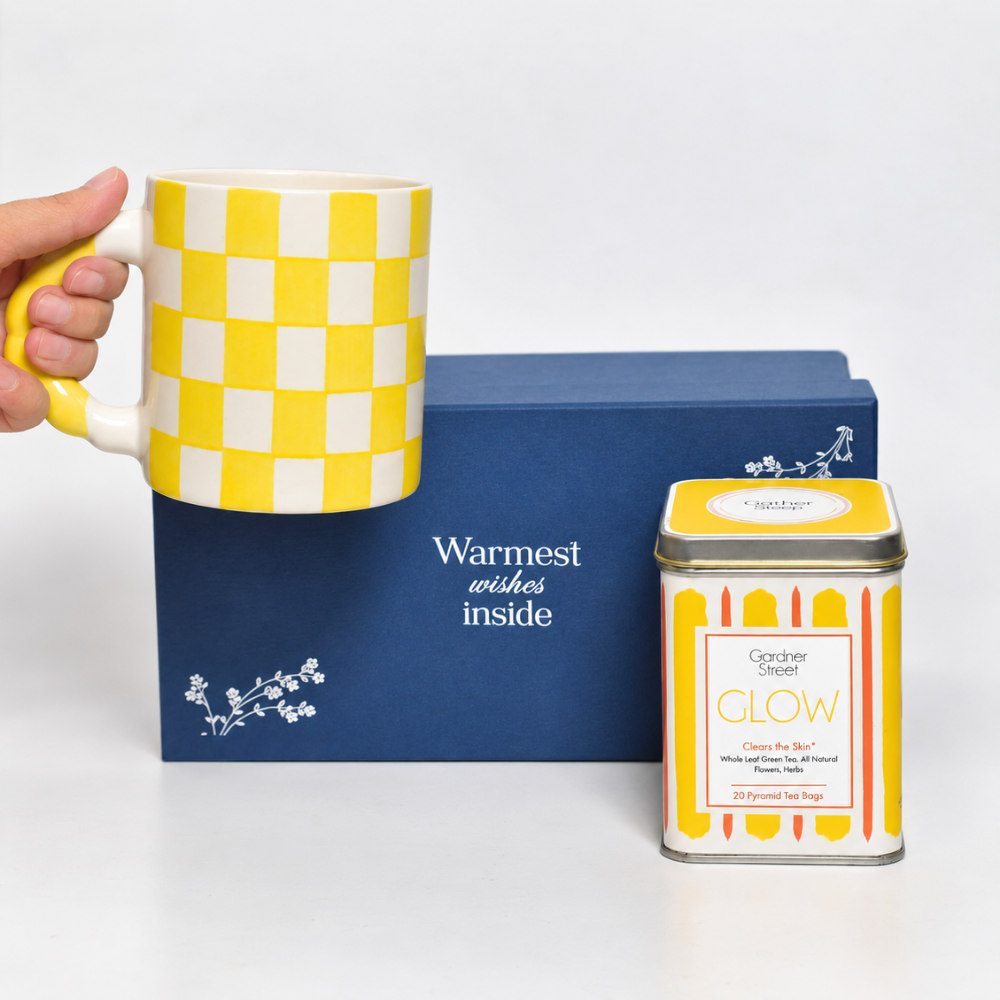 Yellow check mug and Glow Tea Gift Set